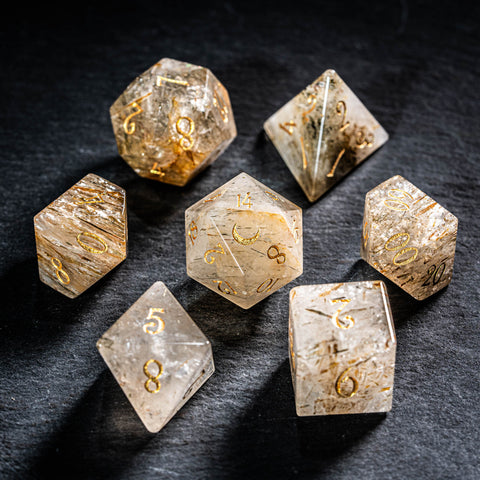 URWizards D&D Golden Rutilated Quartz Gemstone Engraved Dice Set(Limited edition)