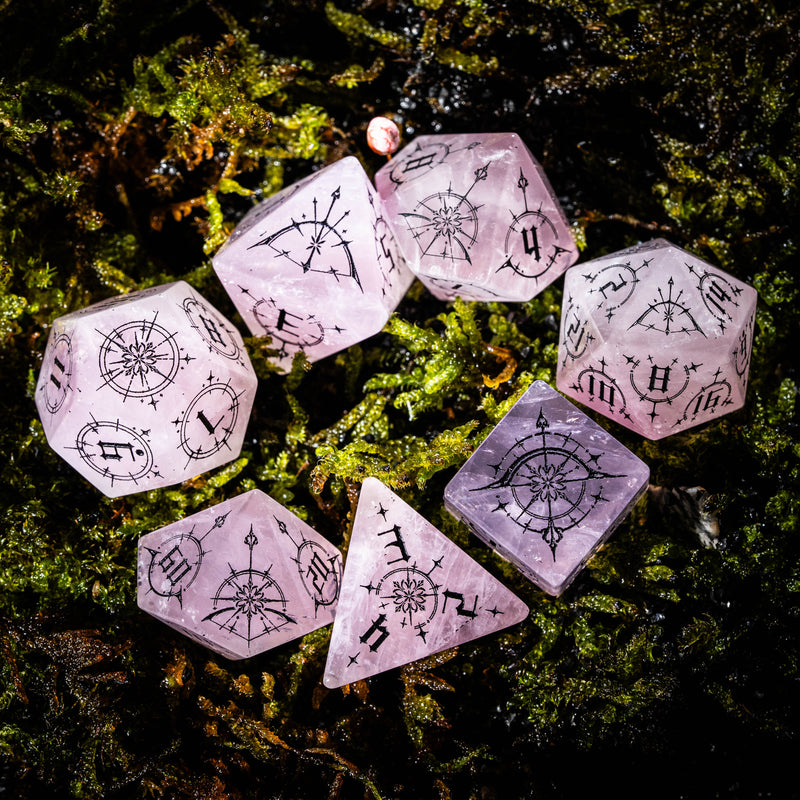 URWizards D&D Rose Quartz Engraved Dice Set Bow of Elven