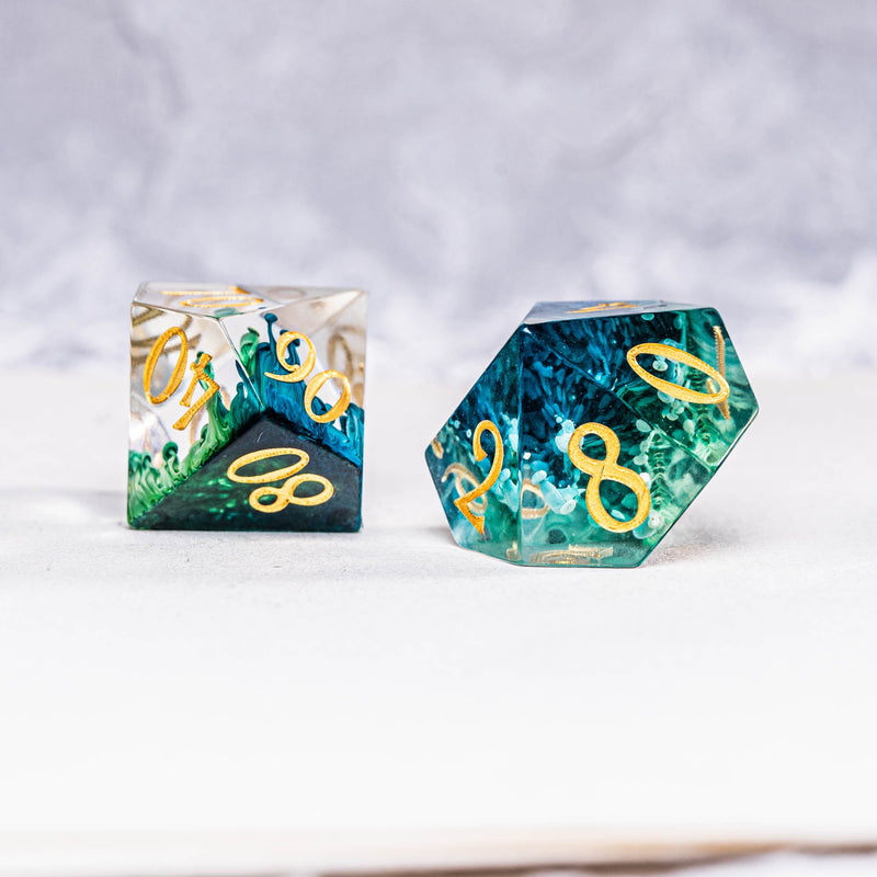 URWizards Dnd Resin Green Coral Engraved Dice Set Gold Inked - Urwizards