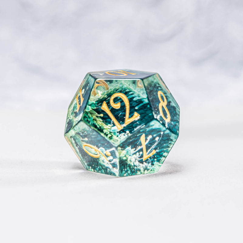 URWizards Dnd Resin Green Coral Engraved Dice Set Gold Inked - Urwizards