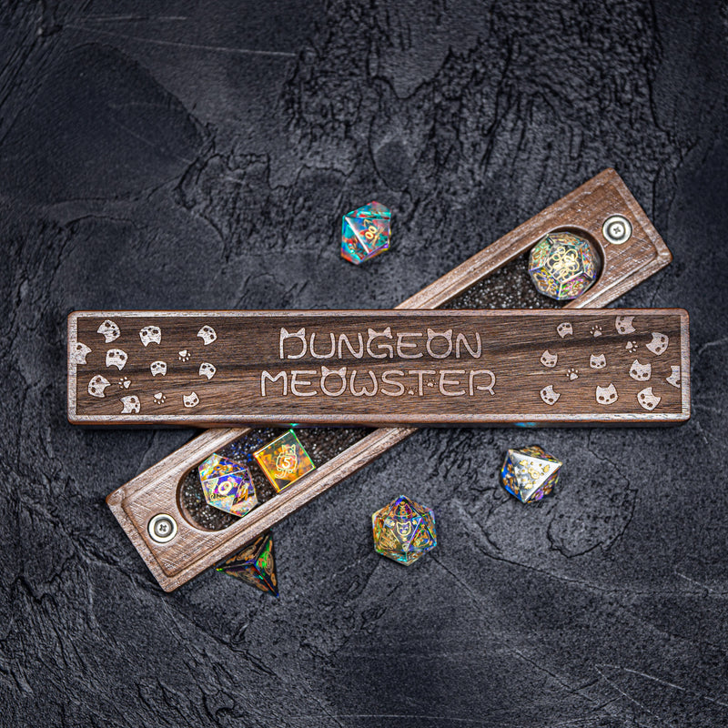 URWizards Engraved Walnut D&D Dice Box Dungeon Meowster - Urwizards