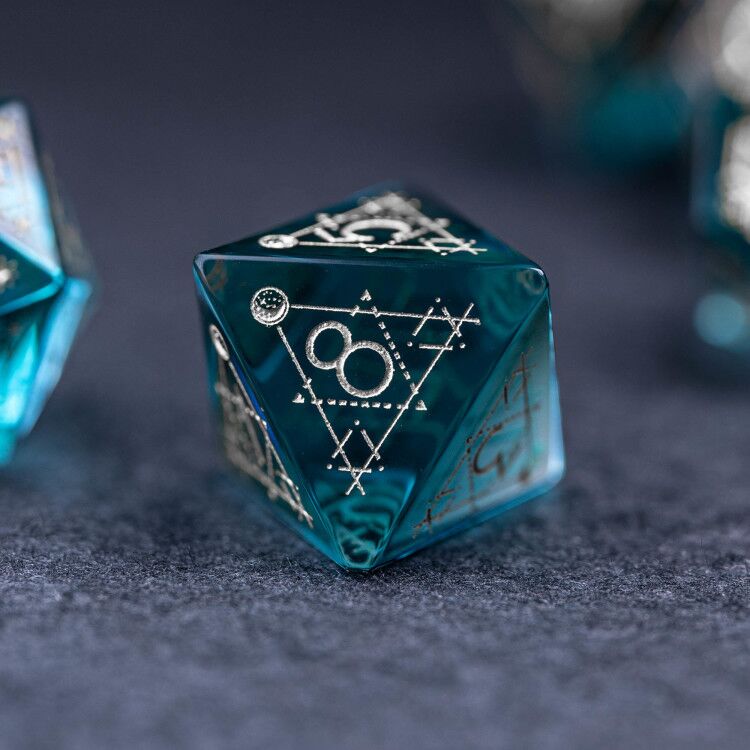 URWizards Dnd Blue Glass Engraved Dice Set Astrology Style Silver Inked - Urwizards