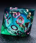 URWizards D&D Emerald Liquid Heart Resin Engraved Dice Set Copper Flakes - Urwizards