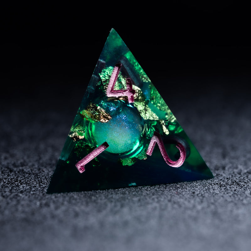 URWizards D&D Emerald Liquid Heart Resin Engraved Dice Set Copper Flakes - Urwizards