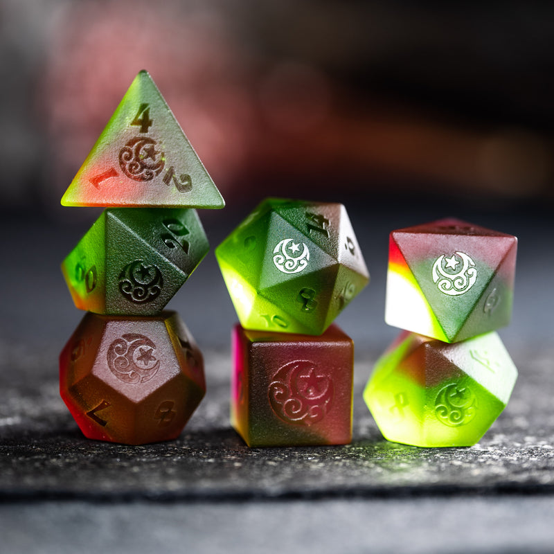 URWizards D&D Tourmaline Glass Raised Dice Set Moon Star Style - Urwizards