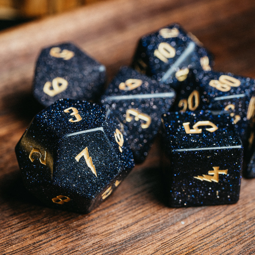 Blue Sandstone | Real Blue-Black Gemstone, Gold Ink, Glittery Specks | Dice Set (7) | Polyhedral Set for cheapest D&D