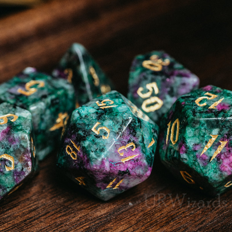 URWizards Dnd Ruby in Zoisite Engraved Dice Set Wizard lightning Style - Urwizards