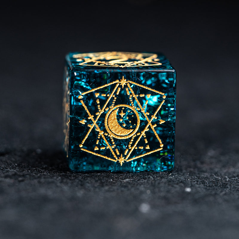 URWizards D&D Blast Blue Glass Engraved Dice Set Astrology Style - Urwizards