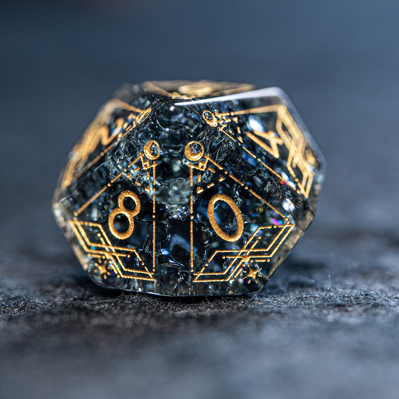 URWizards D&D Black Blast Glass Engraved Dice Set Astrology Style Gold Inked - Urwizards