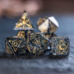 URWizards D&D Black Blast Glass Engraved Dice Set Astrology Style Gold Inked - Urwizards