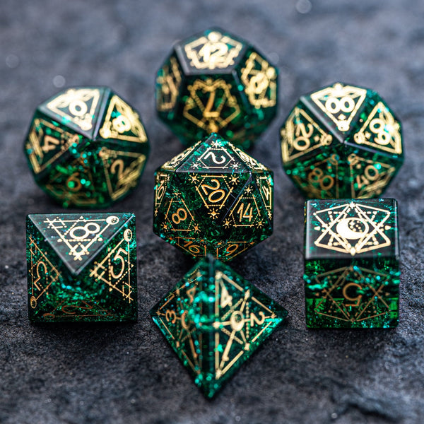 URWizards D&D Blast Emerald Glass Engraved Dice Set Astrology Style - Urwizards