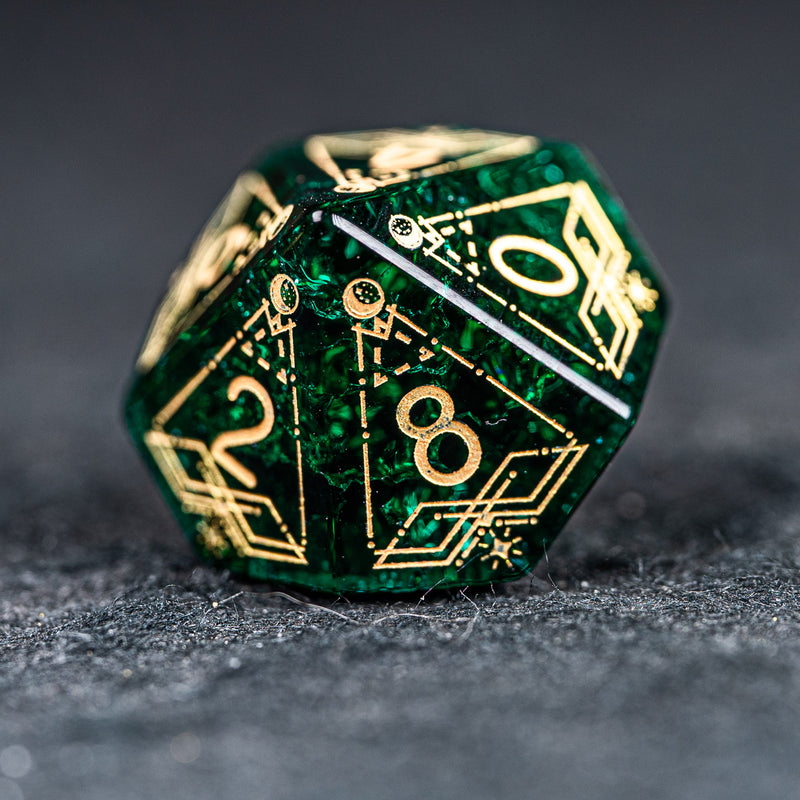 URWizards D&D Blast Emerald Glass Engraved Dice Set Astrology Style - Urwizards