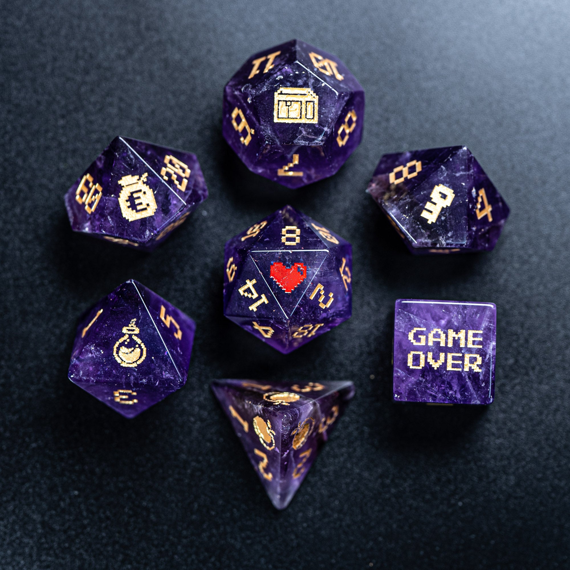 Amethyst Polyhedron retailer Dice Set: Hand-engraved, full size 16mm.