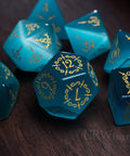 URWizards Dnd Aquamarin Cat's Eye Gemstone Engraved Dice Set Dagger Rogue Style - Urwizards