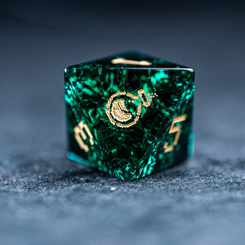 URWizards D&D Blast Emerald Glass Engraved Dice Set Pixel Art RPG - Urwizards