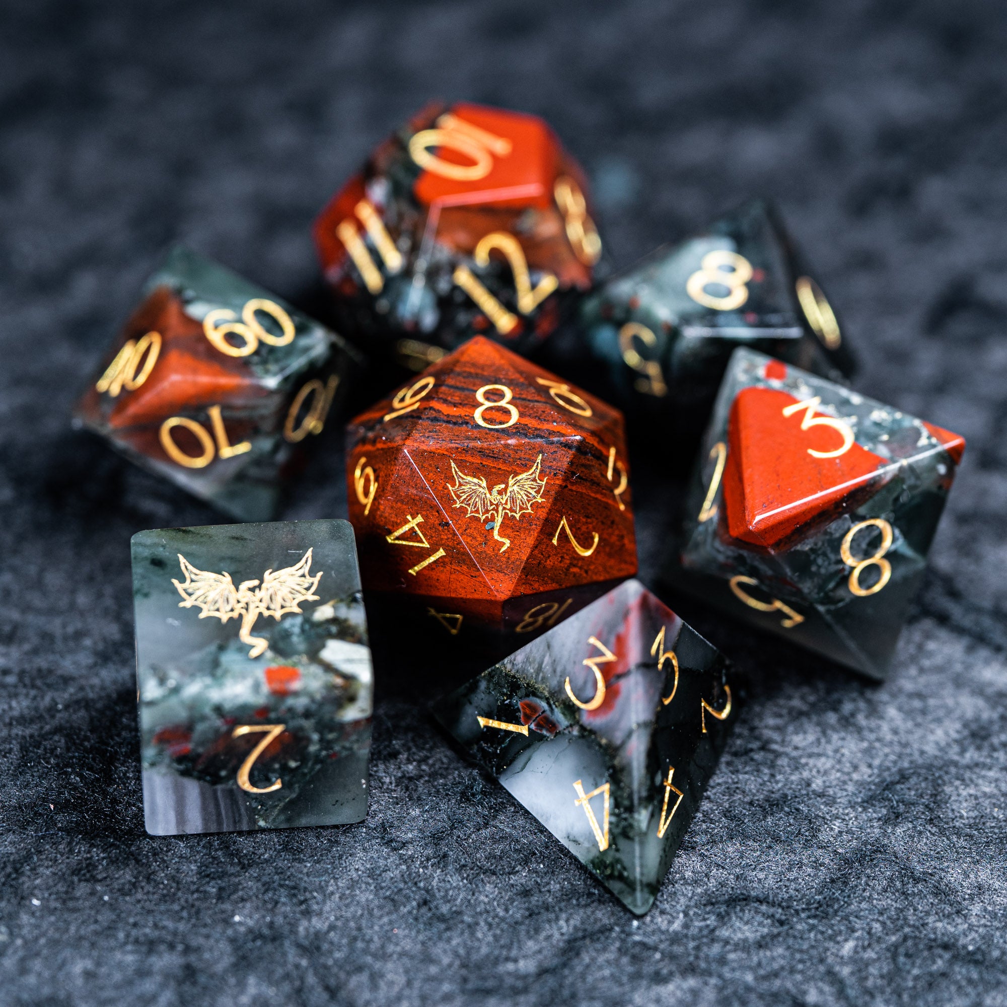 Bloodstone Gemstone Dice - Dice Set of 7 for DnD - Natural Gemstone Dice for Dungeons online & Dragons by Wooden Golem