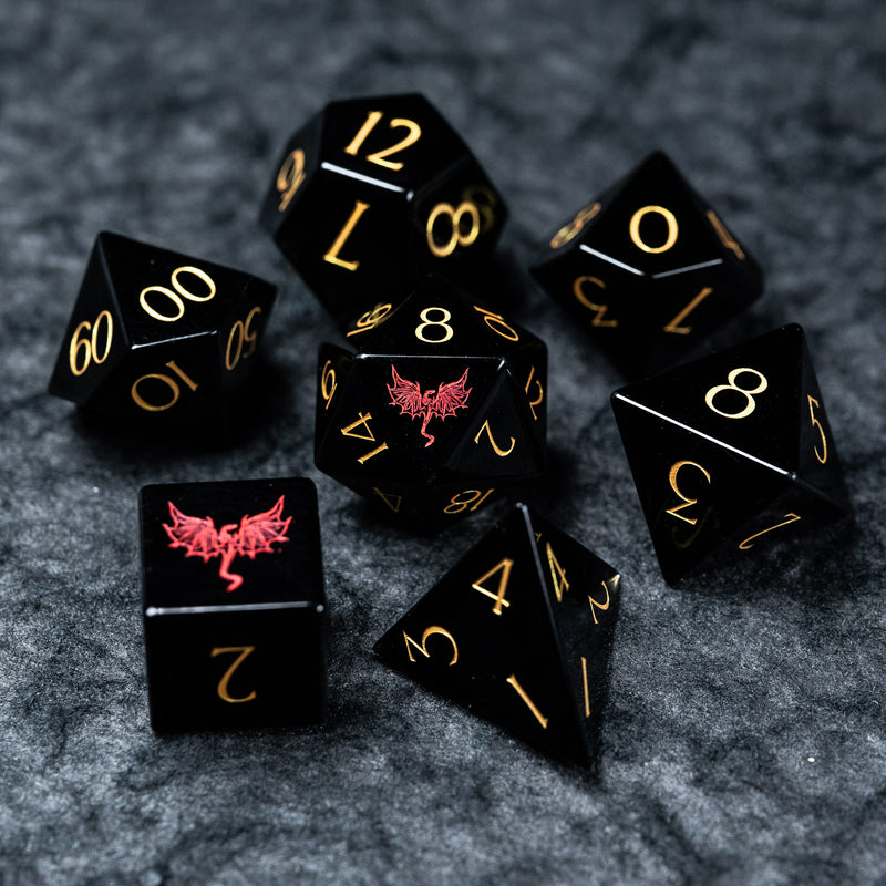 URWizards D&D Obsidian Engraved Dice Set Dragon Style - Urwizards