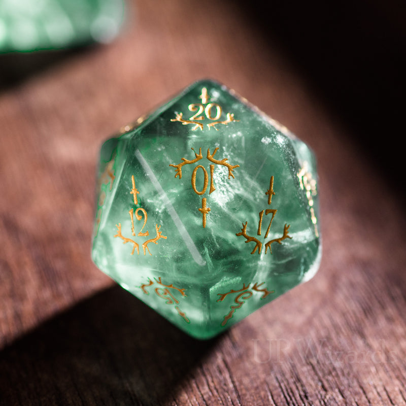 URWizards Dnd Green Fluorite Gemstone Engraved Dice Set Dagger Rogue Style - Urwizards