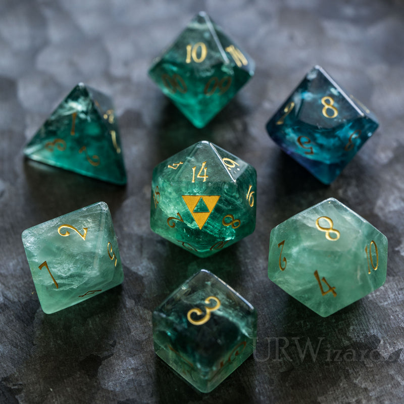 URWizards Dnd Green Fluorite Engraved Dice Set Zelda Triforce Triangle - Urwizards