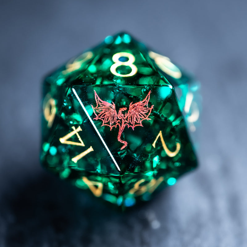 URWizards D&D Blast Emerald Glass Engraved Dice Set Dragon Style - Urwizards