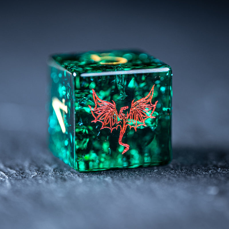URWizards D&D Blast Emerald Glass Engraved Dice Set Dragon Style - Urwizards