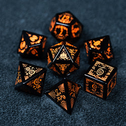 URWizards D&D Obsidian Engraved Dice Set Halloween Style Orange Ink - Urwizards