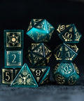 URWizards D&D Teal Green Cat's Eye Engraved Dice Set Lunar Eclipse - Urwizards