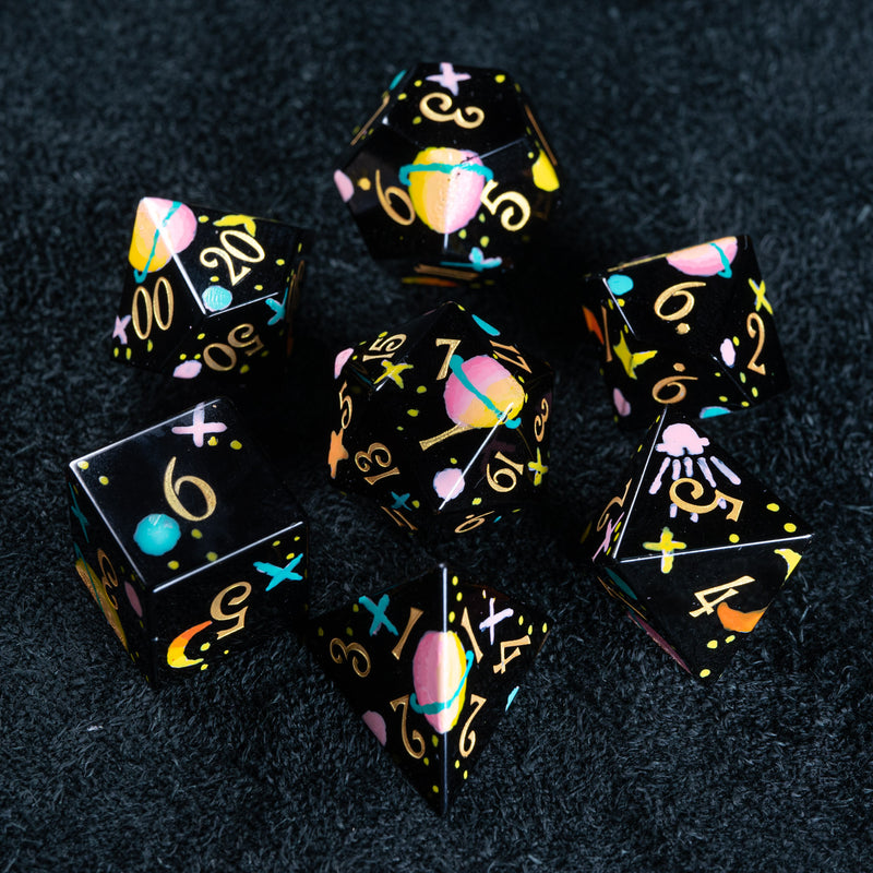 URWizards D&D Polished Obsidian Engraved Dice Set Hand-painted Galaxy - Urwizards