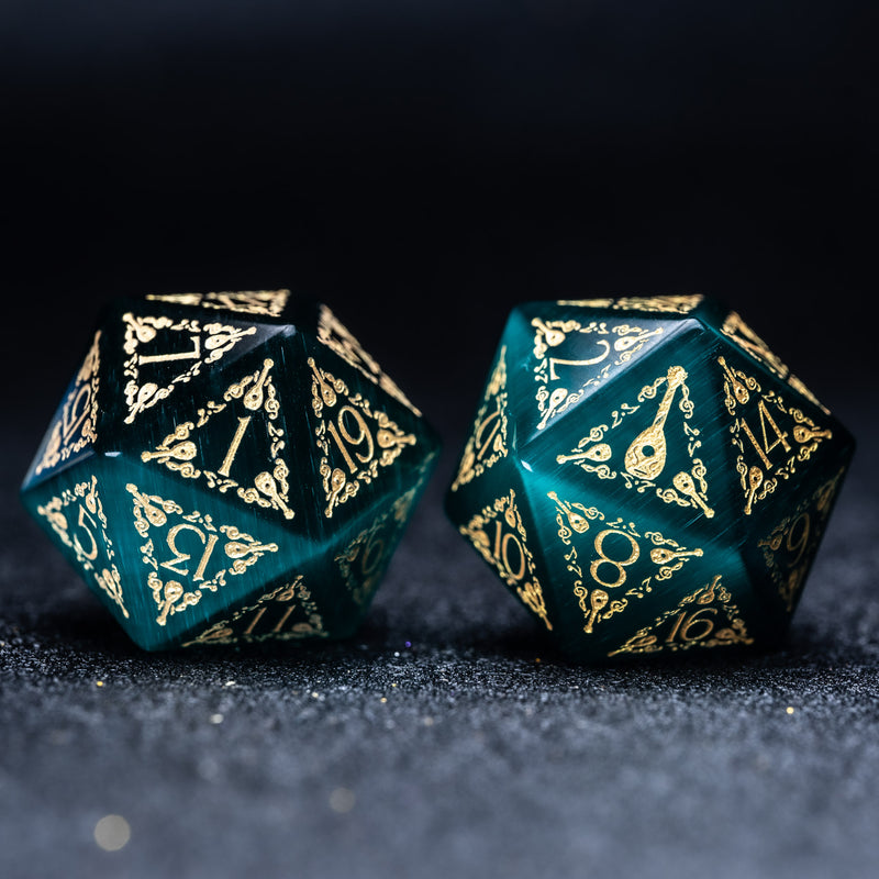 URWizards D&D Teal Green Cat's Eye Engraved Dice Set Bard Style - Urwizards