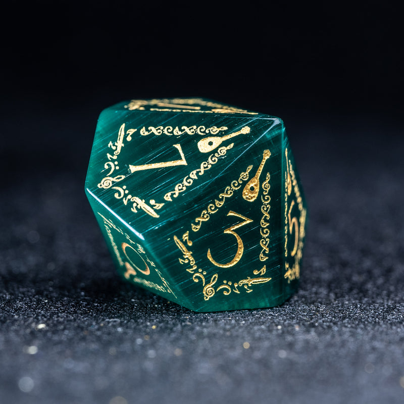 URWizards D&D Teal Green Cat's Eye Engraved Dice Set Bard Style - Urwizards