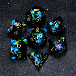 URWizards D&D Polished Obsidian Engraved Dice Set Hand-painted Forget Me Not - Urwizards
