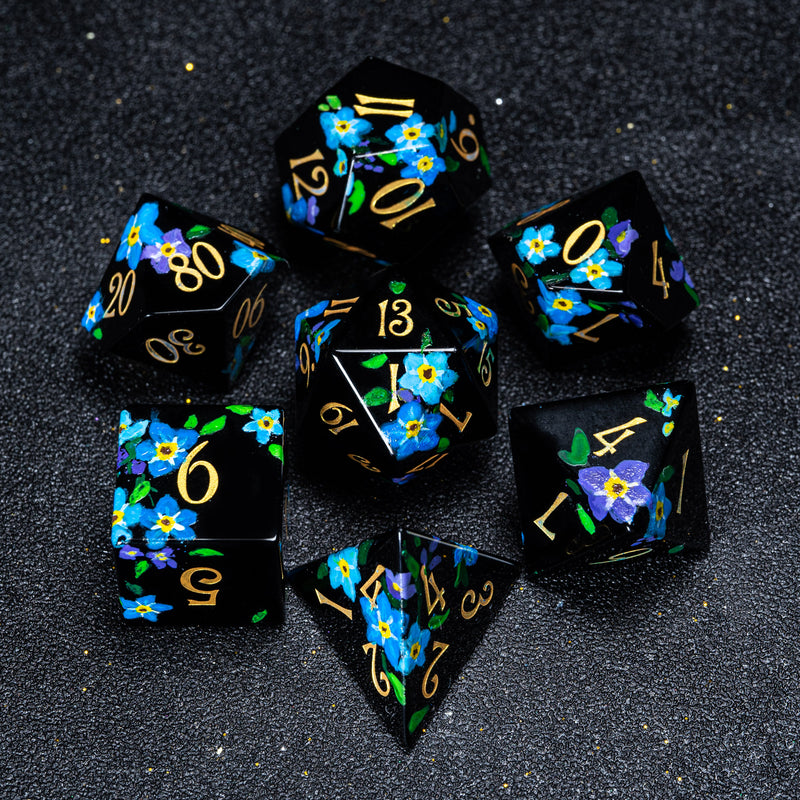 URWizards D&D Polished Obsidian Engraved Dice Set Hand-painted Forget Me Not - Urwizards