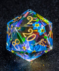 URWizards D&D Polished Prism Glass Engraved Dice Set Hand-painted Forget me not - Urwizards