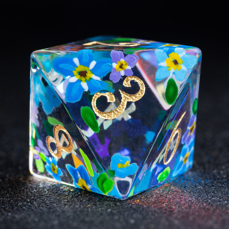 URWizards D&D Polished Prism Glass Engraved Dice Set Hand-painted Forget me not - Urwizards