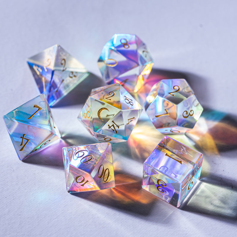 URWizards Dnd Dichroic Prism  Glass Gemstone Engraved Dice Set Moon Style - Urwizards
