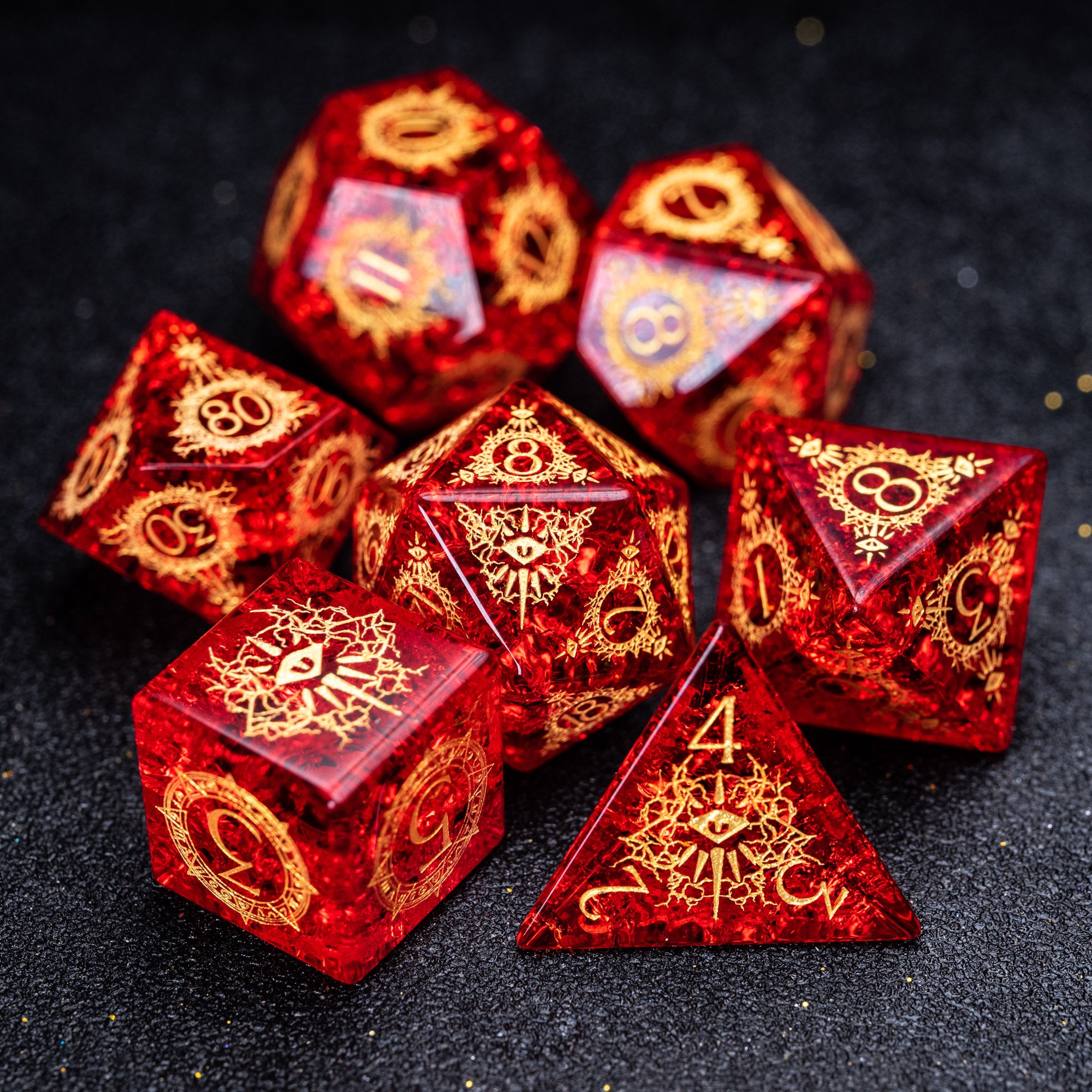 URWizards D&D Blast Red Glass Engraved Dice Set Warlock Style