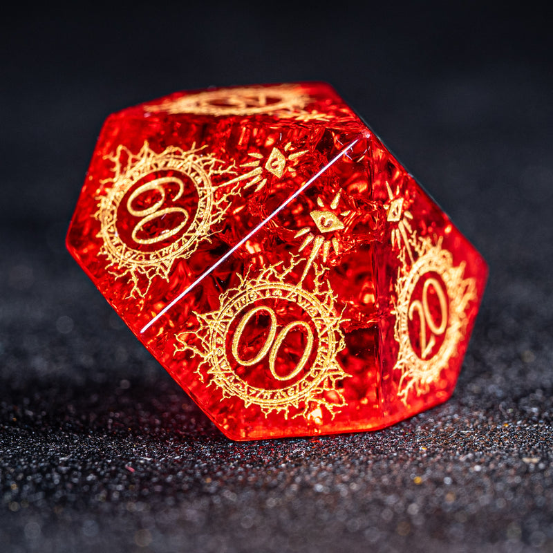 URWizards D&D Blast Red Glass Engraved Dice Set Warlock Style - Urwizards
