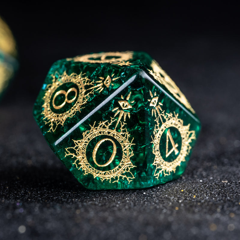 URWizards D&D Blast Emerald Glass Engraved Dice Set Warlock Style - Urwizards
