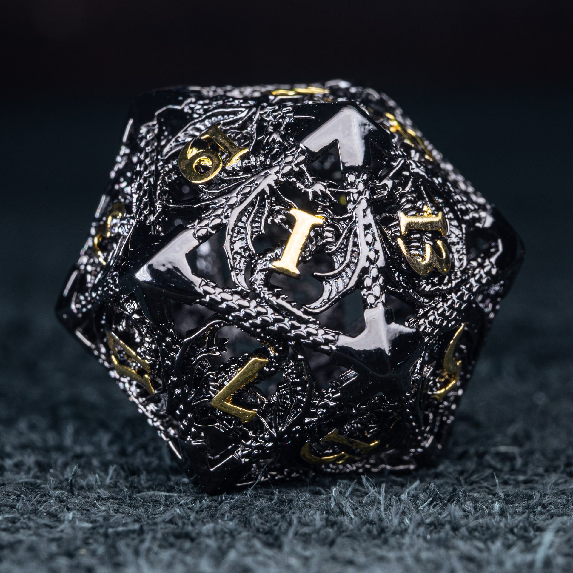 Black Dragon Hollow Metal Dice Set - 7 Polyhedral Dice With Wooden Box & PU Bag