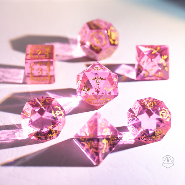 URWizards Dnd Pink Tourmaline Glass Engraved Dice Set Plant Vine Style - Urwizards