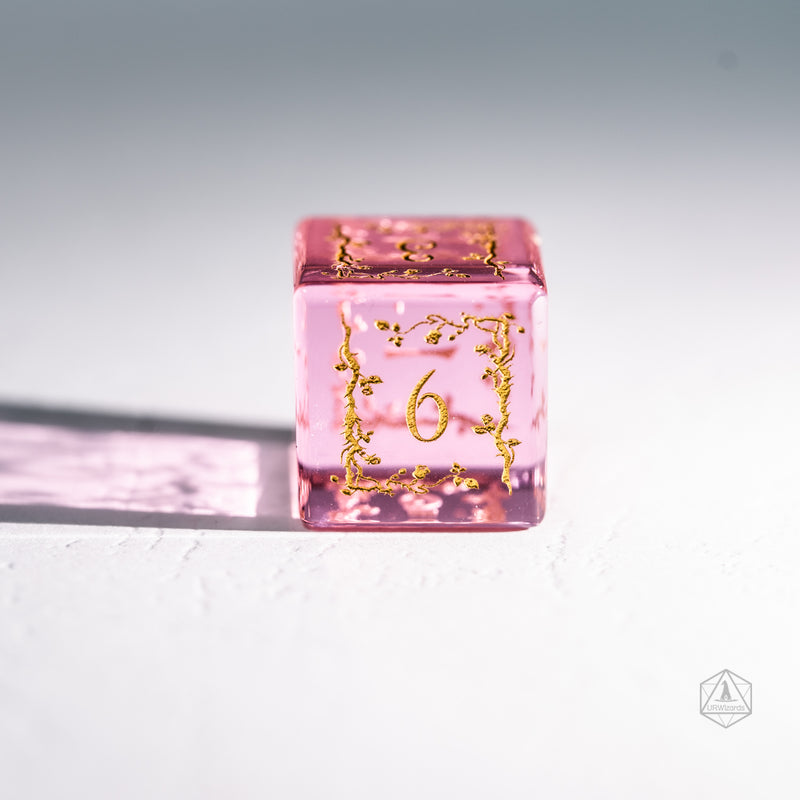 URWizards Dnd Pink Tourmaline Glass Engraved Dice Set Plant Vine Style - Urwizards