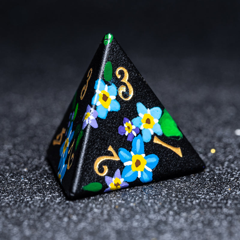 URWizards D&D Frosted Obsidian Engraved Dice Set Hand-painted Forget Me Not - Urwizards