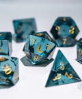 URWizards Dnd Blue Tourmaline Glass Engraved Dice Set Moon Style - Urwizards
