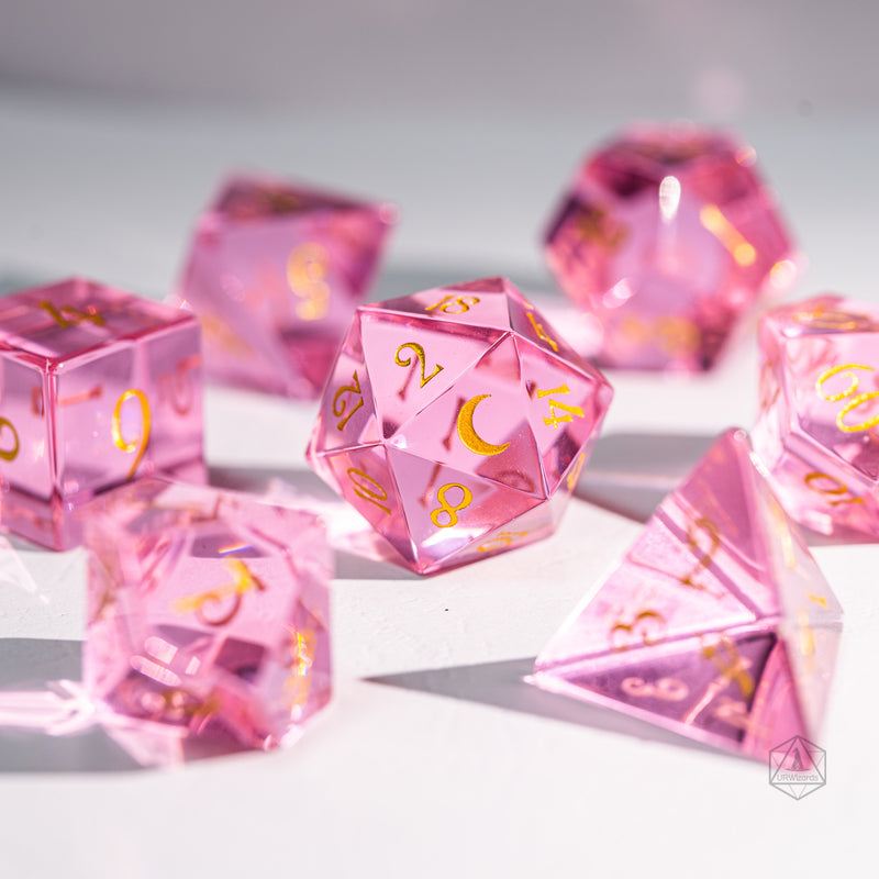 URWizards Dnd Pink Tourmaline Glass Engraved Dice Set Moon Style - Urwizards