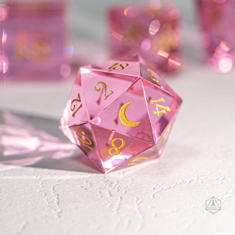 URWizards Dnd Pink Tourmaline Glass Engraved Dice Set Moon Style - Urwizards