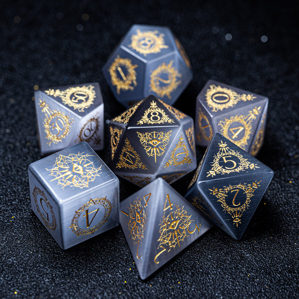 URWizards D&D Grey Cat's Eye Engraved Dice Set Warlock Style - Urwizards