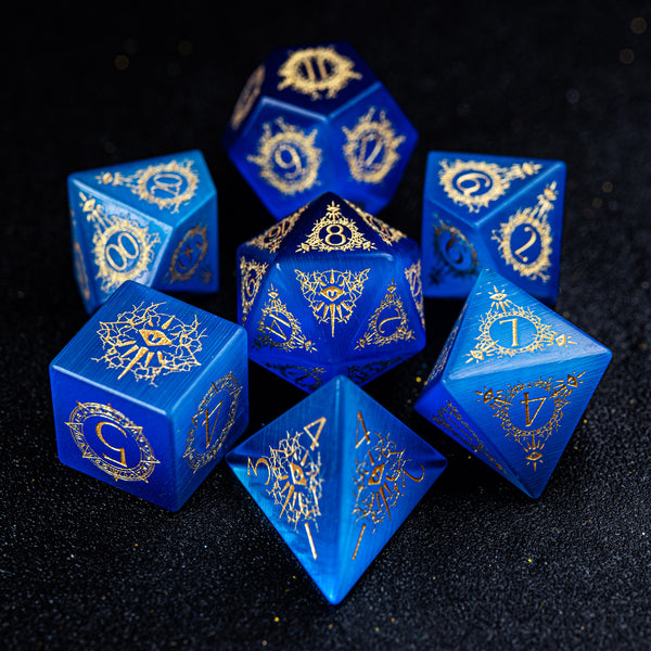 URWizards D&D Blue Cat's Eye Engraved Dice Set Warlock Style - Urwizards