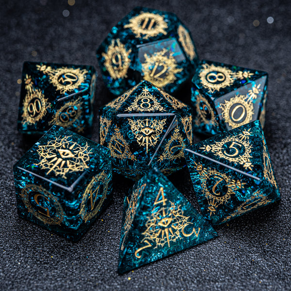 URWizards D&D Blast Blue Glass Engraved Dice Set Warlock Style - Urwizards