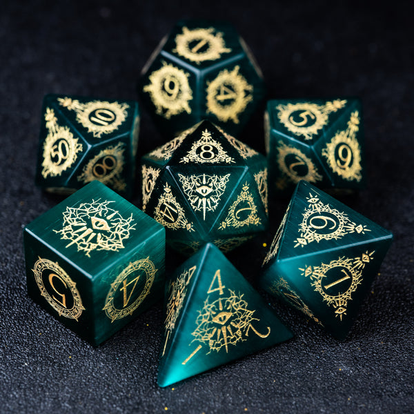 URWizards D&D Teal Green Cat's Eye Engraved Dice Set Warlock Style - Urwizards