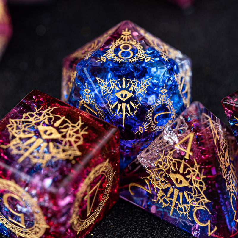 URWizards D&D Blast Red&blue Glass Engraved Dice Set Warlock Style - Urwizards